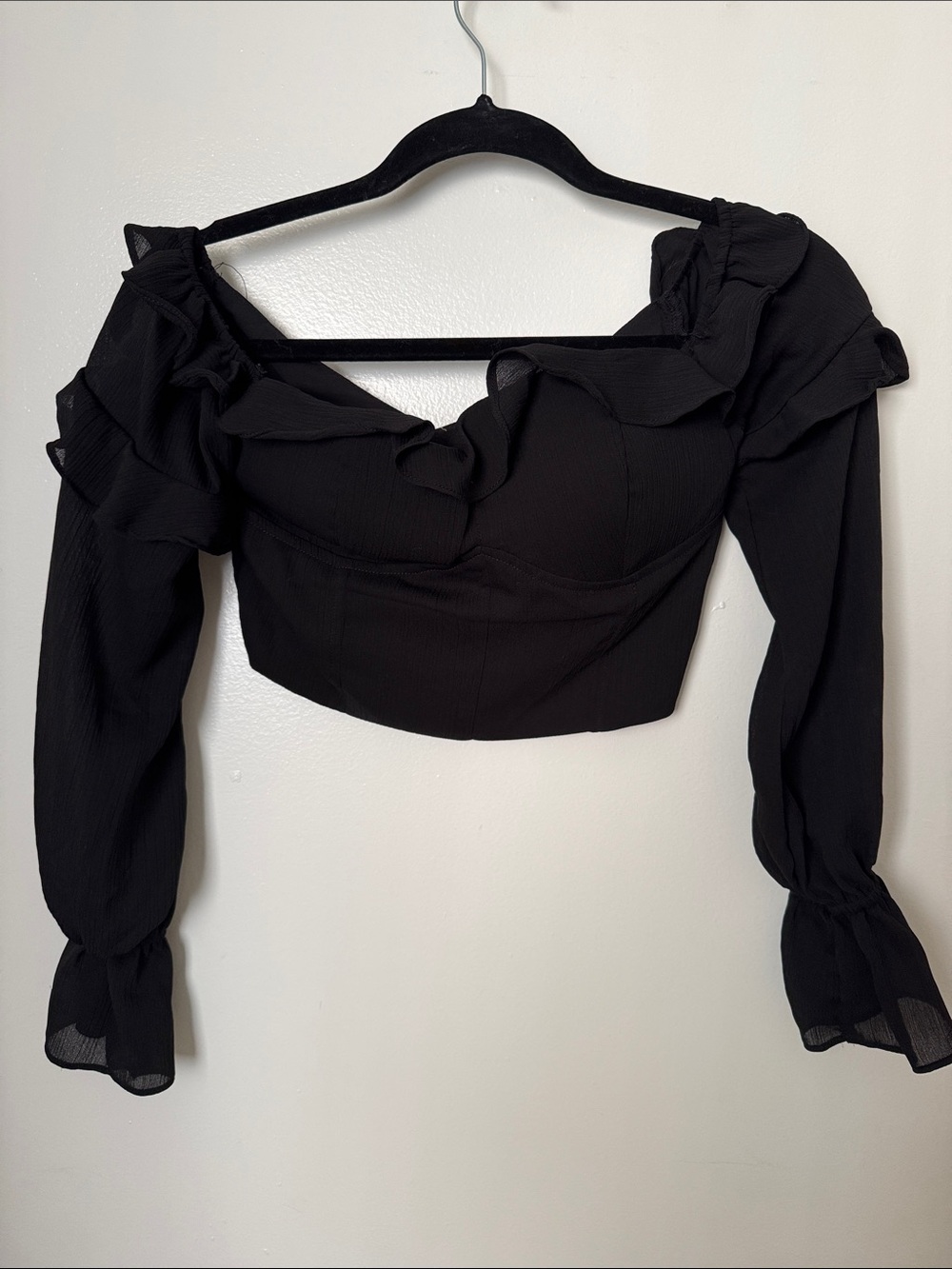 Tiger Mist Black Ruffle Off-Shoulder Crop Top